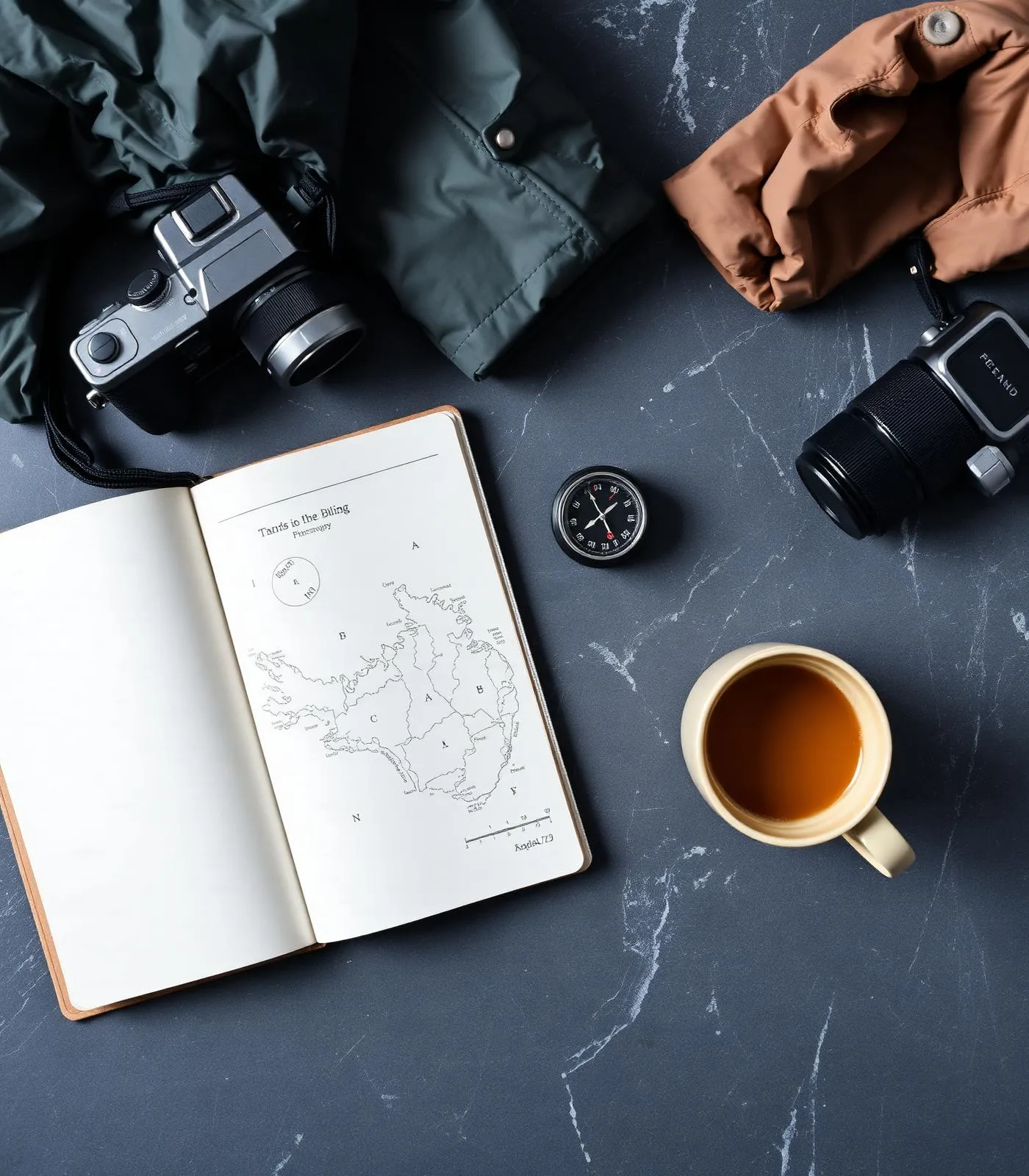 Iceland trip planning notebook with map, compass, and camera